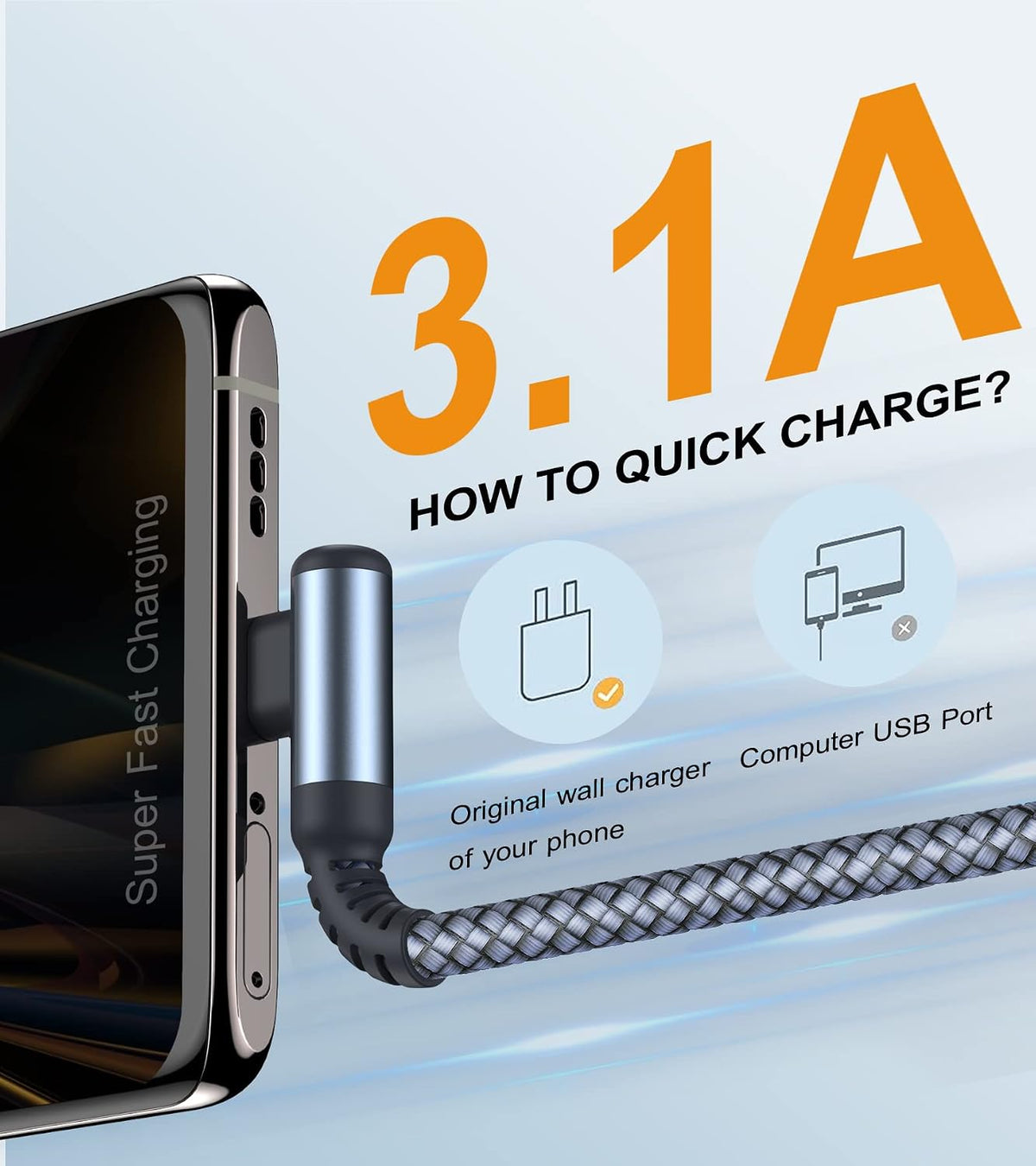 USB to USB C Cable Right Angle 2-Pack 6.6ft 3.1A Fast Charging Carplay Cord