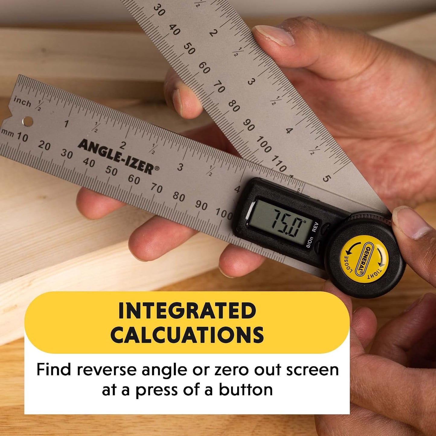 General Tools Digital Angle Finder Ruler #822 - 5" Stainless Steel Woodworking Protractor Tool with Large LCD Display