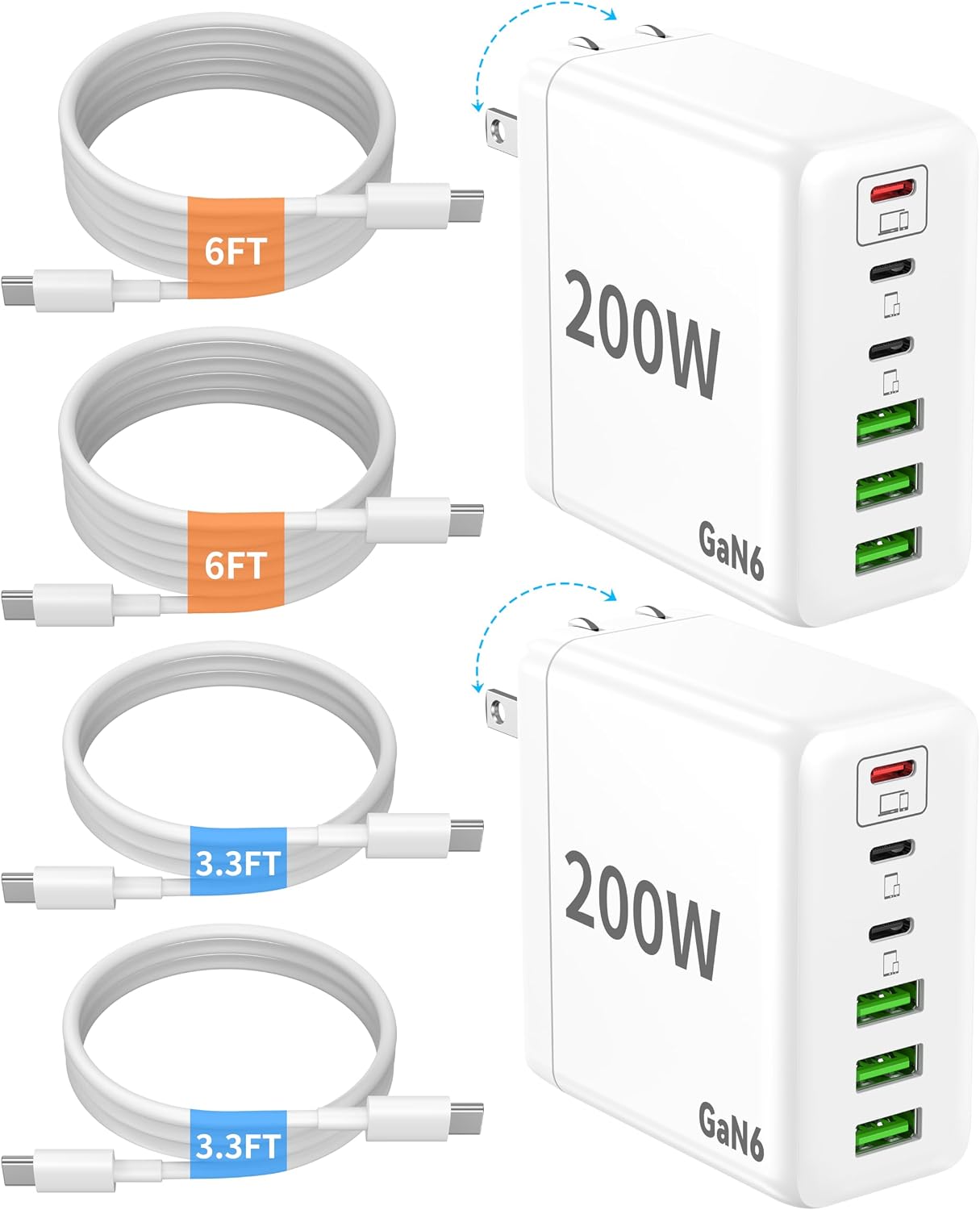 2 Pack USB C Charger Block 200W 6 Port GaN Super Fast Type C Charger | Foldable PD Charging Station for All iPhone 17 16 /android phone Samsung Galaxy S25/S24/MacBook/ iPad
