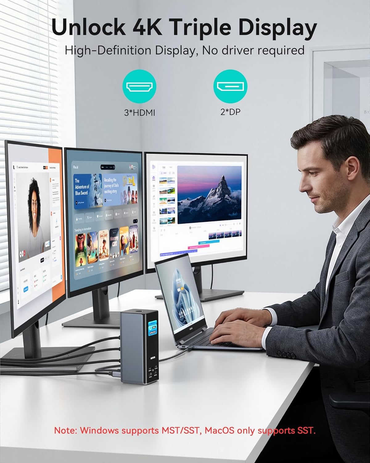 MOKiN USB C Docking Station 3 Monitors Display with Weather Function | 3 HDMI & 2 DP, Max to Extend Triple Monitor, Weather Forecast/Working Status Display/Turn off Screen Button Function