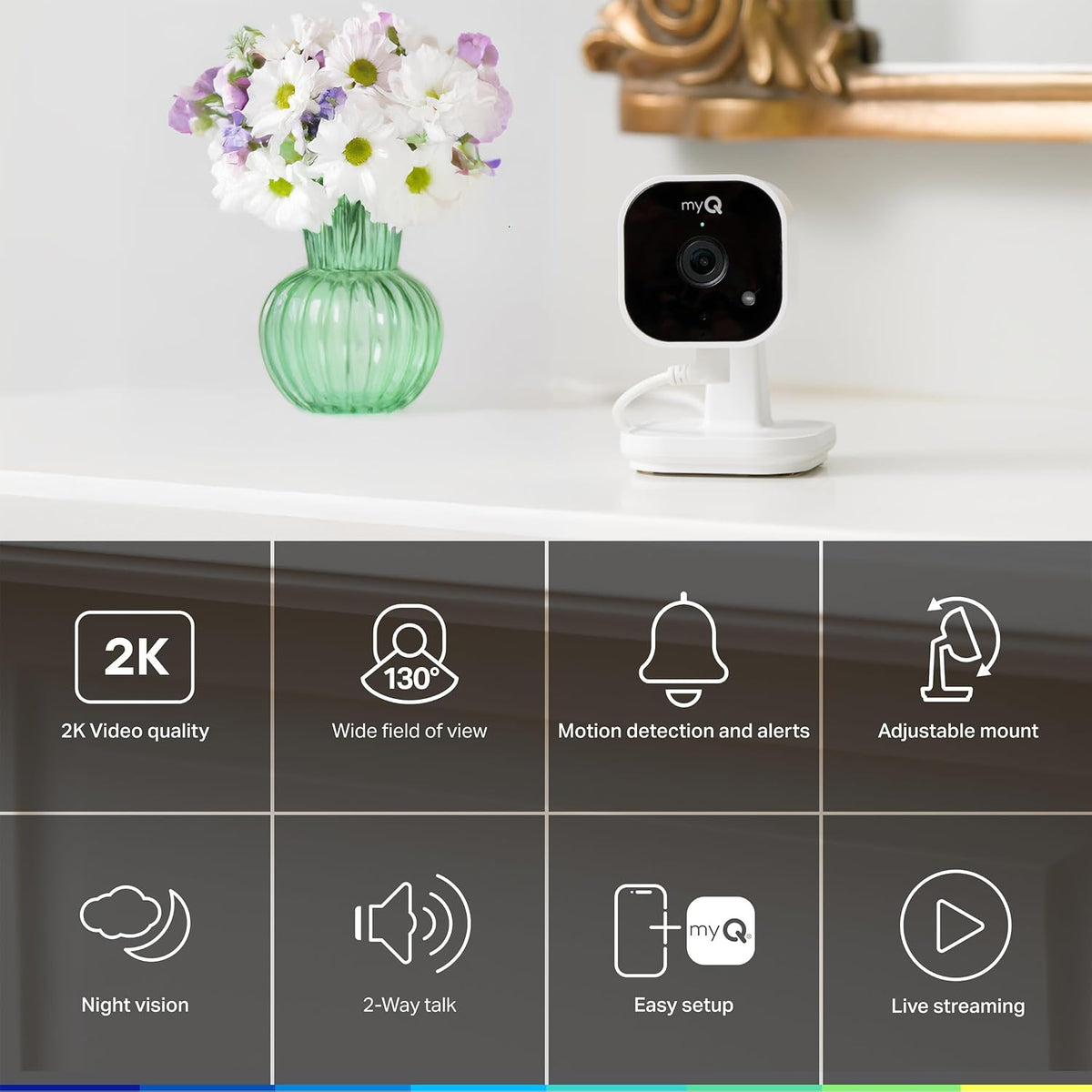 myQ Indoor Plug-in Security Camera Gen 2 – 2K Smart Wi-Fi Camera with Night Vision, Baby and Pet Monitor, Motion Detection and Alerts, 2-Way Audio & App Control, 2 Pack