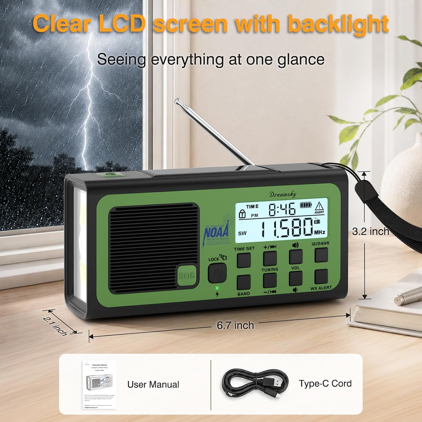 DreamSky Hand Crank Emergency Weather Radio NOAA Alert with Solar Powered | Portable Radio AM FM SW, 18500mWh Rechargeable Battery Operated, Loud SOS Alarm, Flashlight & Reading Lamp, USB Port