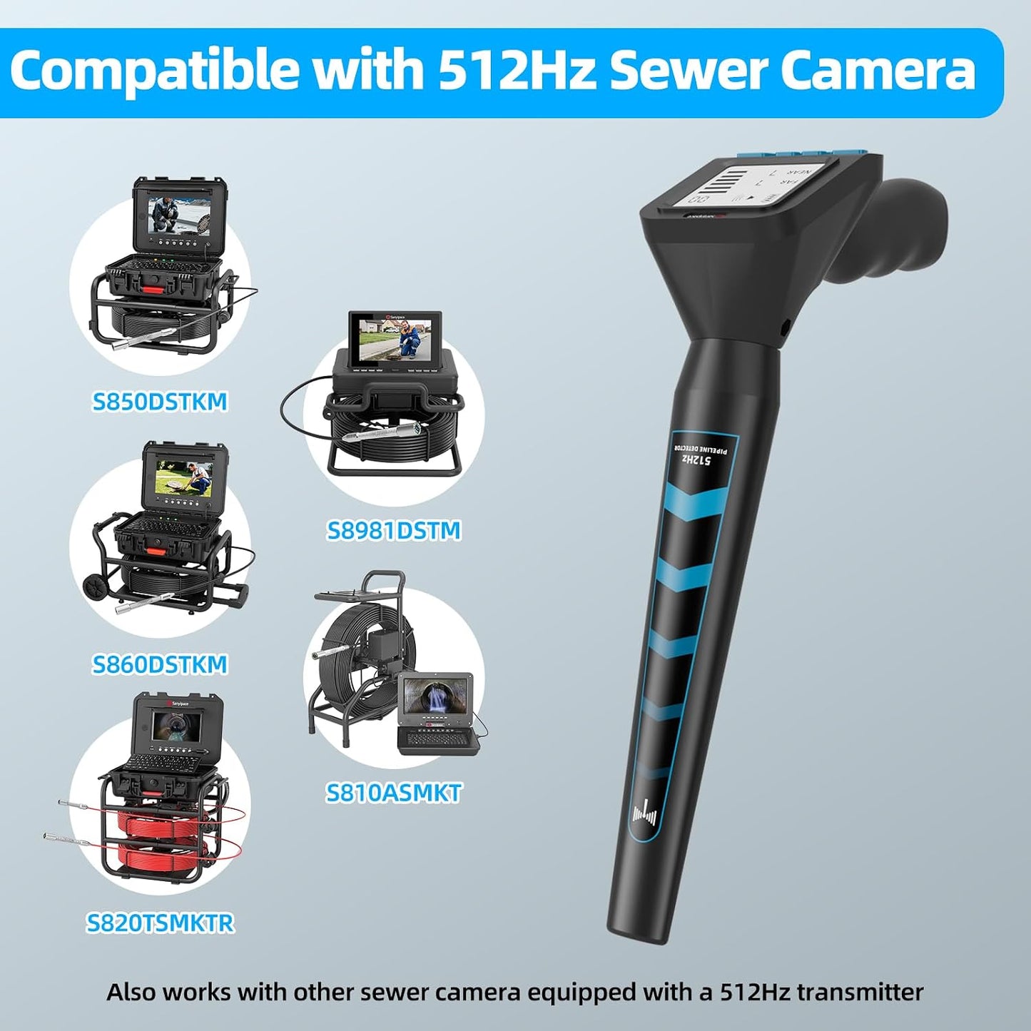 Sanyipace 512Hz Pipe Locator, Underground Pipe Detector with 3" Screen, Dual Modes & Adjustable Handle, Rechargeable Battery & Carrying Case for Sewer Camera Pipe Plumbing HVAC Inspection
