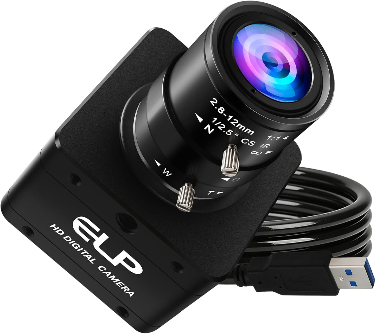ELP High Speed Global Shutter USB3.0 Zoom Camera, 720P/200fps, 1200P/120fps, USB3.0/2.0 Manual Focus Lightburn Cameras for Windows, Linux, Mac, Pi, Fast Frame 2.8-12mm 4X Zoom AR0234 Webcam for PC