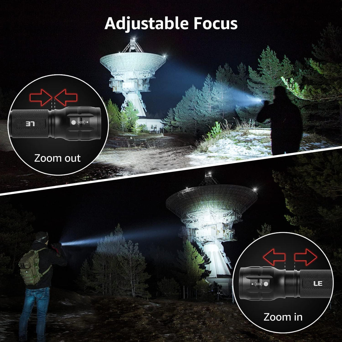 Lepro Lighting Ever LED Flashlight, High Lumens Waterproof Adjustable Focus | Small, lightweight. For outdoor, camping, emergency, tactical use. AAA batteries included. Adjustable zoom focus.