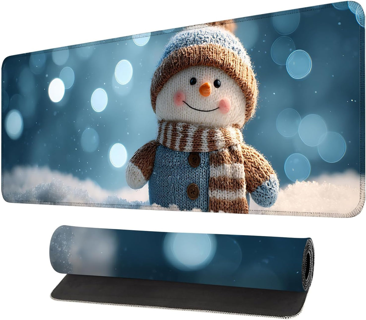 Desk Mat, XXL Extended Gaming Pad for Desktop, 31x12 Inches Scarf and Hat Snowman, Large Non-Slip Vegan Leather Surface with Stitched Edges, Keyboard Mouse Mat for Home Office