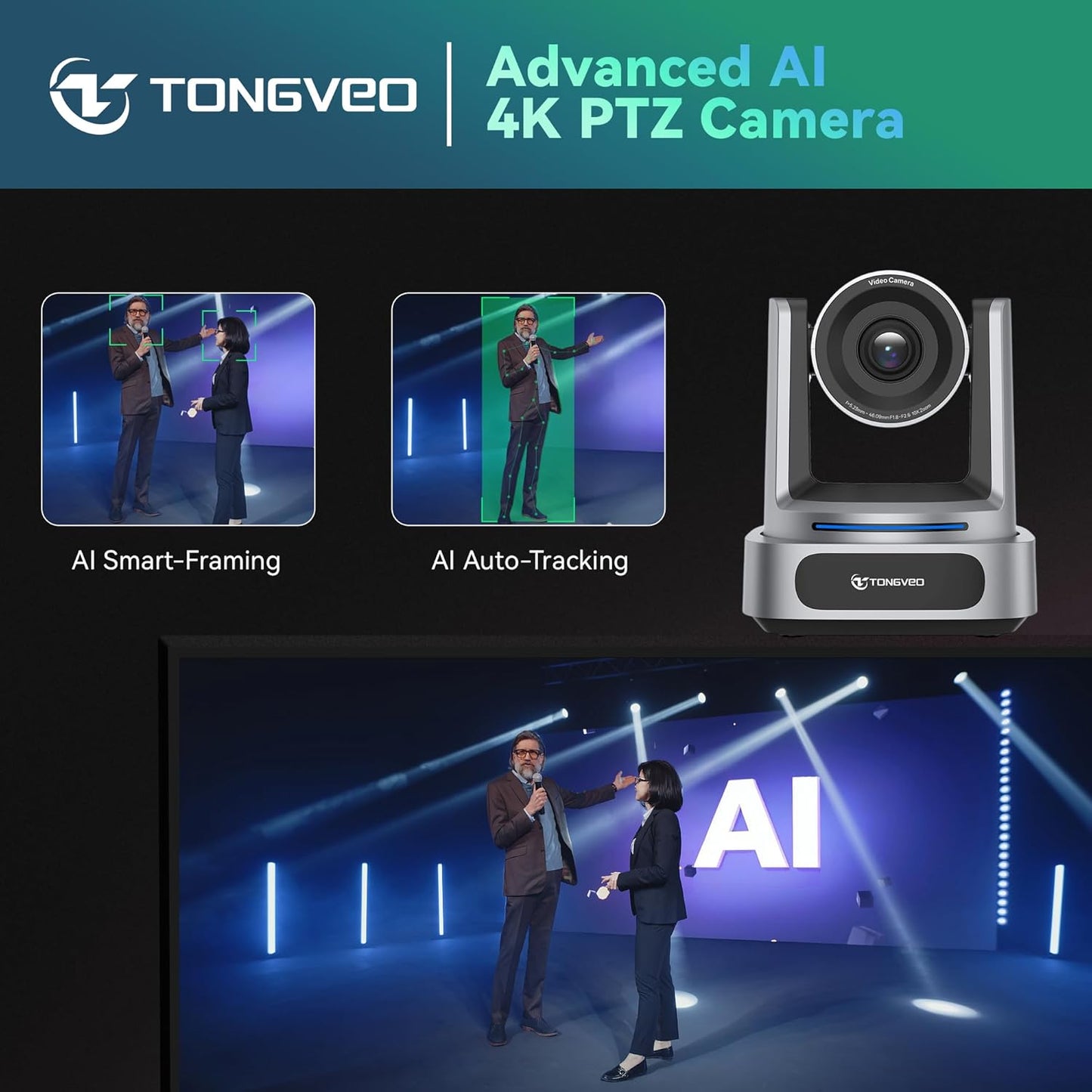 TONGVEO AI 4K PTZ Camera with Auto Tracking, 10X Optical Zoom Video Conferencing Camera, HDMI & USB 3.0 Plug and Play Webcam for Zoom, Teams, Church Worship, Live Streaming, Education