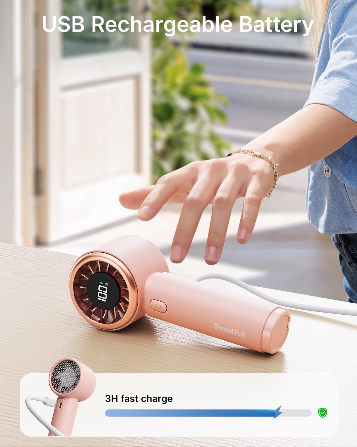 SWEETFULL Portable Handheld Fan, Mini Rechargeable Personal Hand Fan | Strong Airflow, Pocket-Sized, Up to 12H, 5 Speeds, Quiet Cooling Travel Essentials, Cute Gifts for Women, Girls, Lash, Makeup