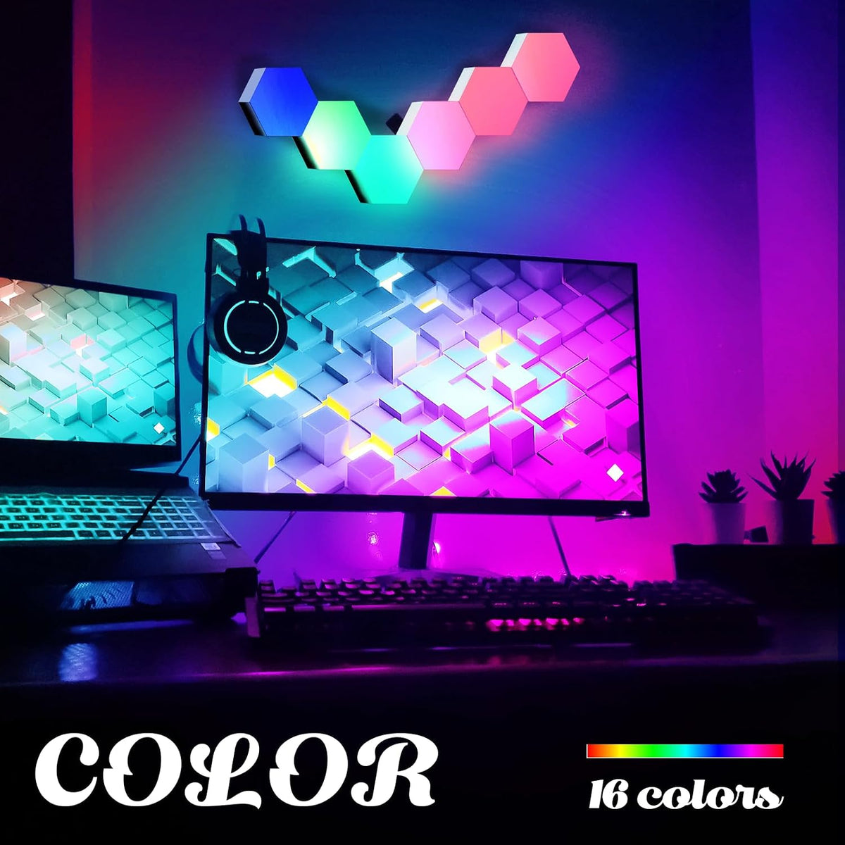 ODISTAR Remote Control Hexagon Wall Light,Smart Wall-Mounted Touch-Sensitive DIY Geometric Modular Assembled RGB led Colorful Light with USB-Power,Used in Bedroom (6-Pack)
