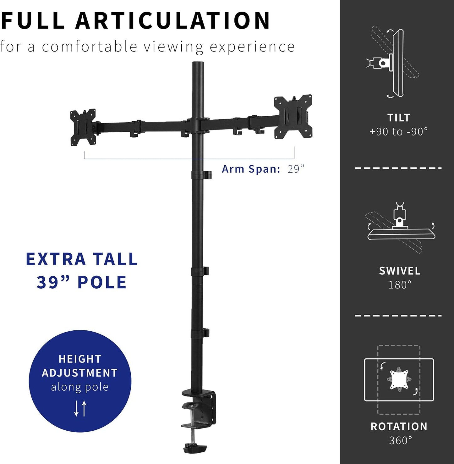VIVO Dual Monitor Stand Up Desk Mount Extra Tall 39 inch Pole, Fully Adjustable Stand for up to 27 inch Screens, Black, STAND-V012