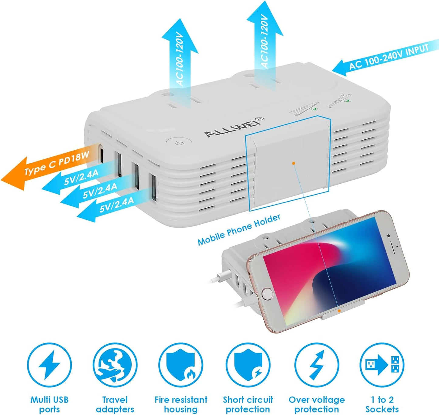 ALLWEI International Travel Adapter 220V to 110V Power Voltage Converter | for Hair Straightener/Curling Iron, Universal Power Plug Adapter UK, US, AU, EU, IT, India (White)