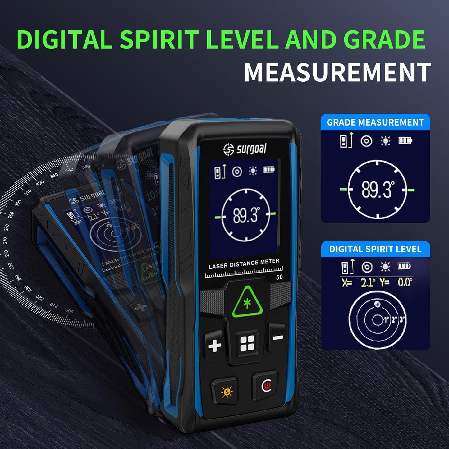 Green Laser Measure with Angle Sensor Rotating Color LCD Vibration
