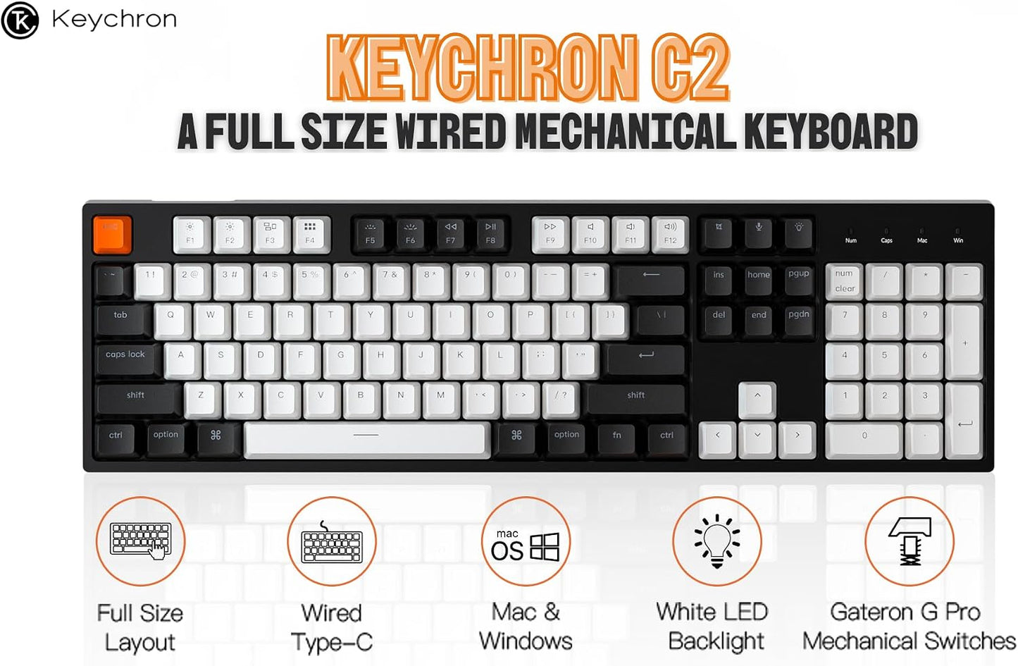 Keychron C2 Full Size 104 Keys Wired Mechanical Gaming Keyboard for Mac Layout, Gateron G Pro Brown Switch/White LED Backlight/Double Shot ABS Keycaps/USB C Computer Keyboard for Windows Laptop