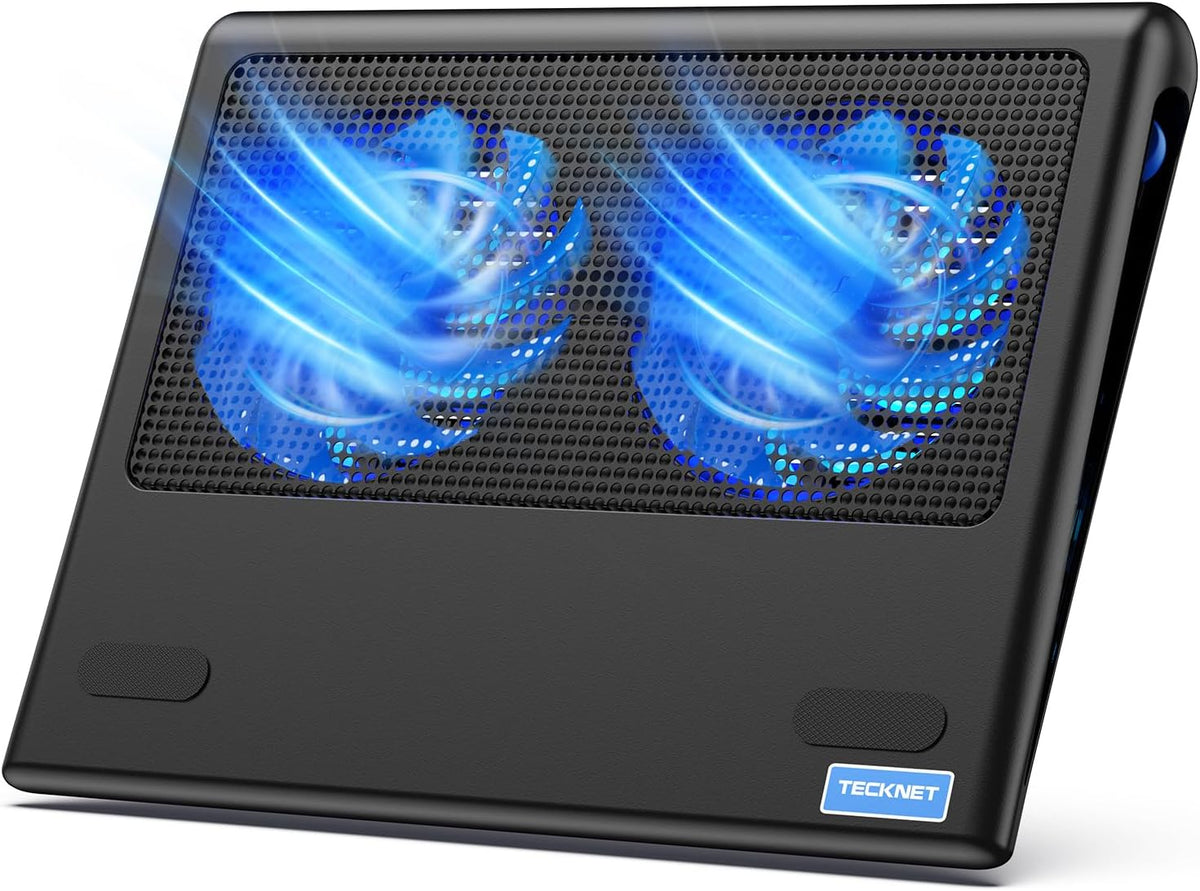 TECKNET Laptop Cooling Pad - 12"-15.6" Laptop Cooler with Quiet Cooling Fan | USB-A & USB-C Powered Cooling Stand with Adjustable Wind Speeds for Gaming, Work & Everyday Computing, Blue LED
