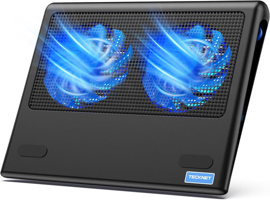 TECKNET Laptop Cooling Pad - 12"-15.6" Laptop Cooler with Quiet Cooling Fan | USB-A & USB-C Powered Cooling Stand with Adjustable Wind Speeds for Gaming, Work & Everyday Computing, Blue LED