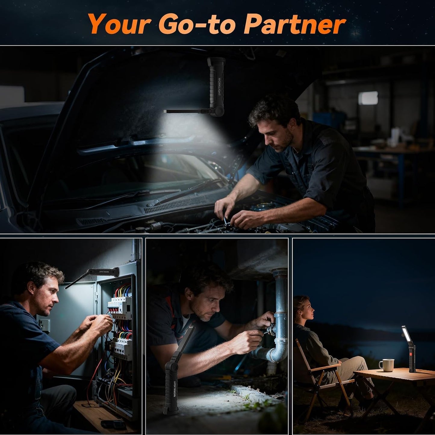 6Pack Magnetic Rechargeable LED Work Light/Flashlight for Mechanics | 360° Rotation, Super Bright, 5 Modes, Compact, Tail Hook, for Car Repairing, Garage, Emergency, Workshop, Gifts for Father