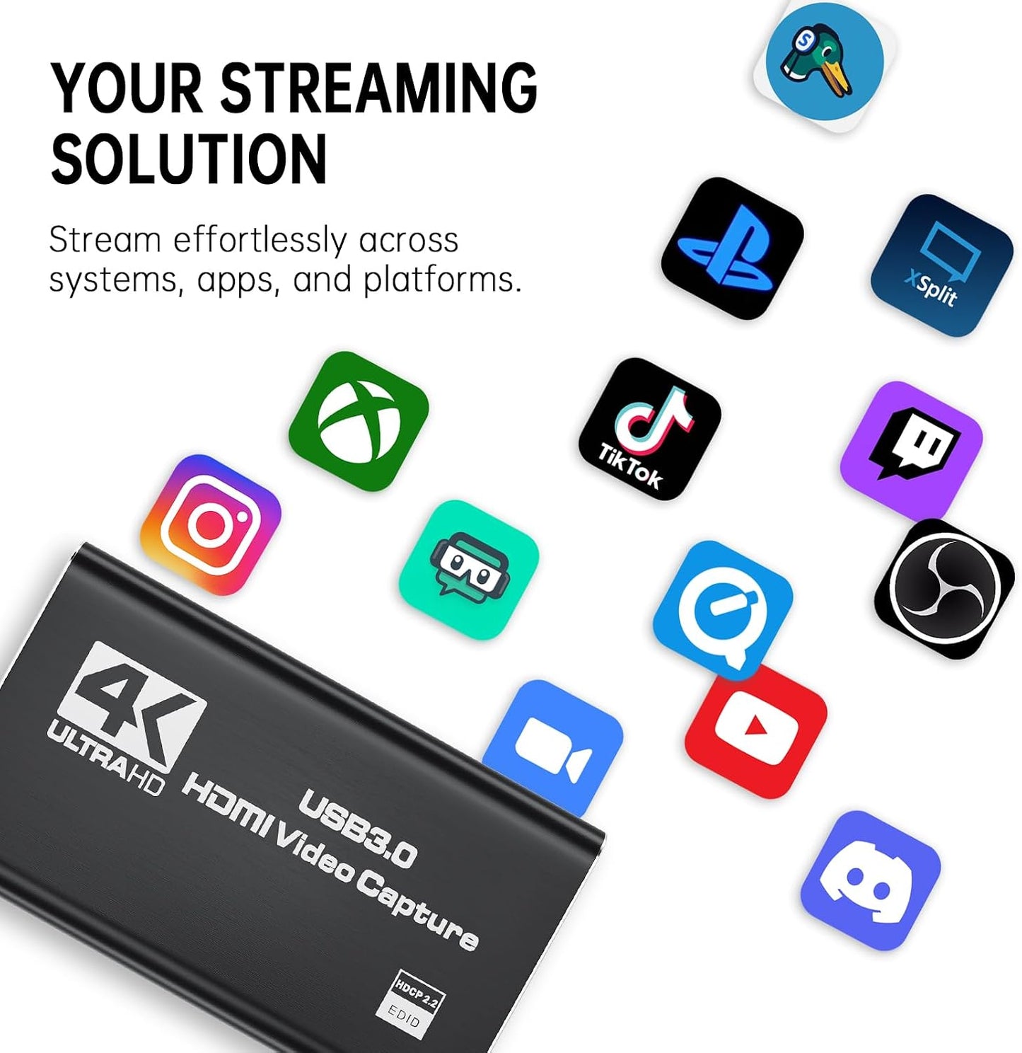 4K HDMI Capture Card for Streaming, Full HD 1080P 60FPS Capture USB 3.0 Audio Video Capture Card,for Switch/PS4/PS5/Xbox, Plug and Play, Works on Laptop, PC, Mac