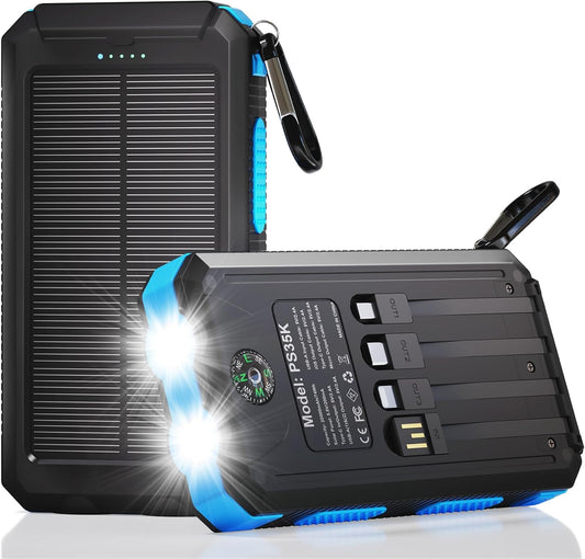 Durecopow Solar Charger Power Bank 20,000mAh, Portable Charger, 4 Cables 3 Ports Fast Charging External Battery Pack with USB C for Cell Phones, Solar Panel Charger with Dual Flashlight for Camping