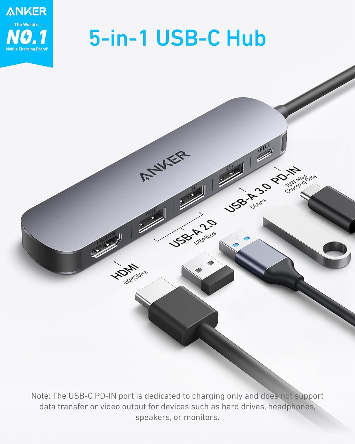 Anker USB C Hub 5-in-1 USB Hub for Laptops, 4K HDMI USB-C Multiport Adapter | 90W Max Power Delivery, 3 USB A Data Ports USB C Dongle, Compact for MacBook, Dell, and More (Charger Not Included)