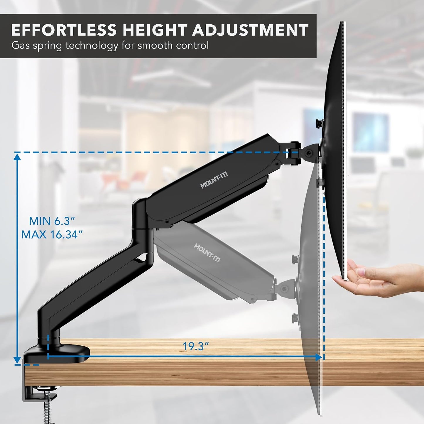 Mount-It! Dual Monitor Desk Mount, 13-32", 17.6 lbs Each | Two independent gas spring arms, full motion, VESA 75x75 &amp; 100x100, C-clamp &amp; grommet base.