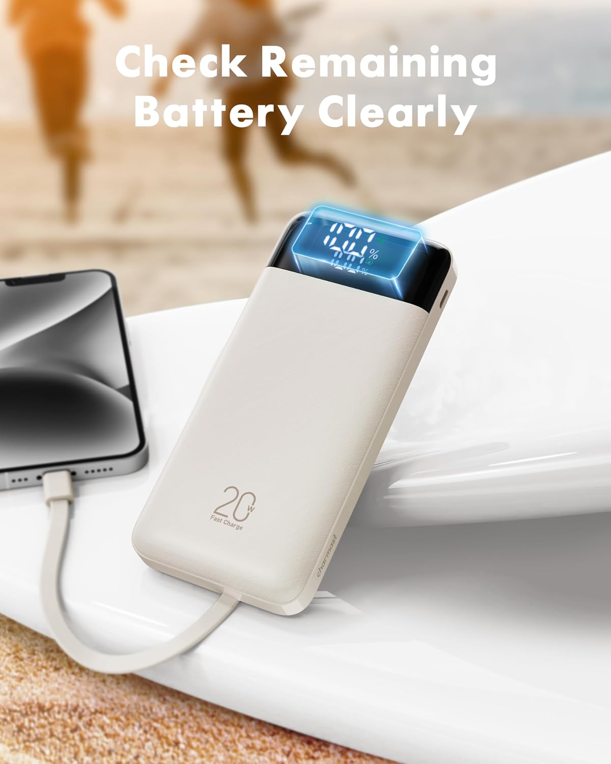 charmast Portable Charger Built-in Cables, 20000mAh Power Bank 6-Output | Travel Fast Charging Battery Pack for iPhone 17/16/15 Samsung Android, Flight-Approved, Multi-Device, USB-C & USB-A, LED %