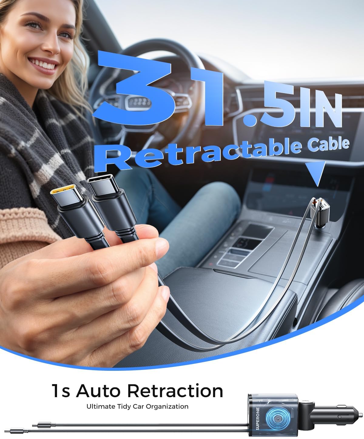SUPERONE Retractable Car Charger, 6-Port [Ultra-Compact] Car Charger USB C | 99W iPhone Car Chargers Fast Charging with Dual USB C Cables, Car Adapter for iPhone 17/16/15/14/13/12, 180°Adjustable Plug
