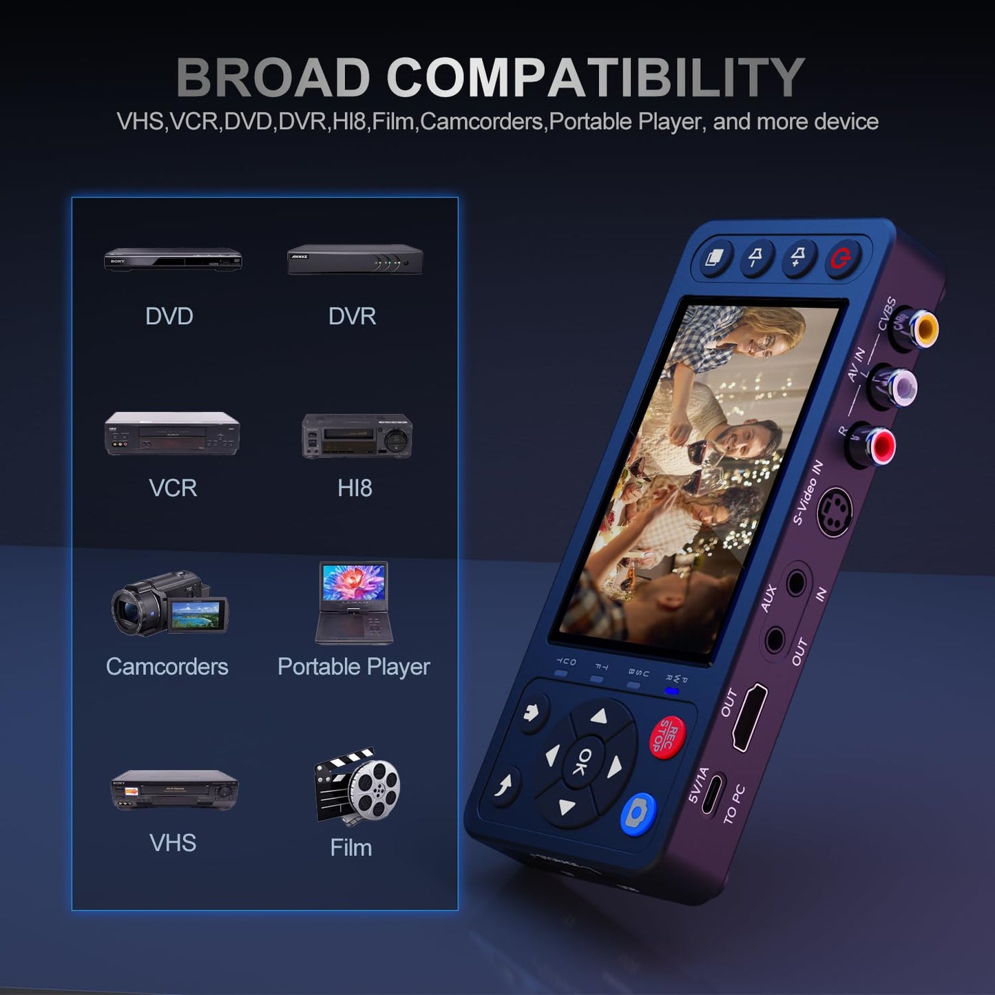 VHS to Digital Converter 4" Screen,Convert VCR to MP4,No Computer Needed | Plug and Play,1080P Recording,4"LCD Preview,USB/TF 512G,for DVD,DVR,Hi8,Mini DV,camcorders and more