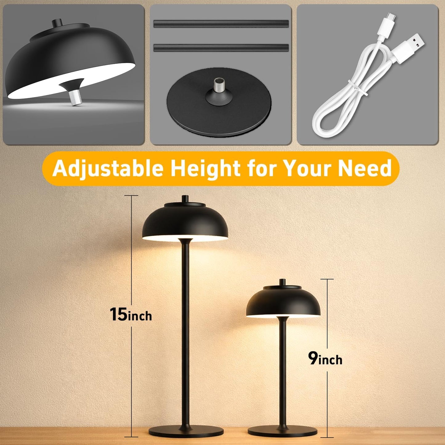 Cordless Table Lamps, Rechargeable LED Touch Lamp, Black, 2 Pack | Waterproof, 5000mAh battery, 3 color temperatures, 10-100% touch dimming, for patio, table top, dinner, restaurant, home bar