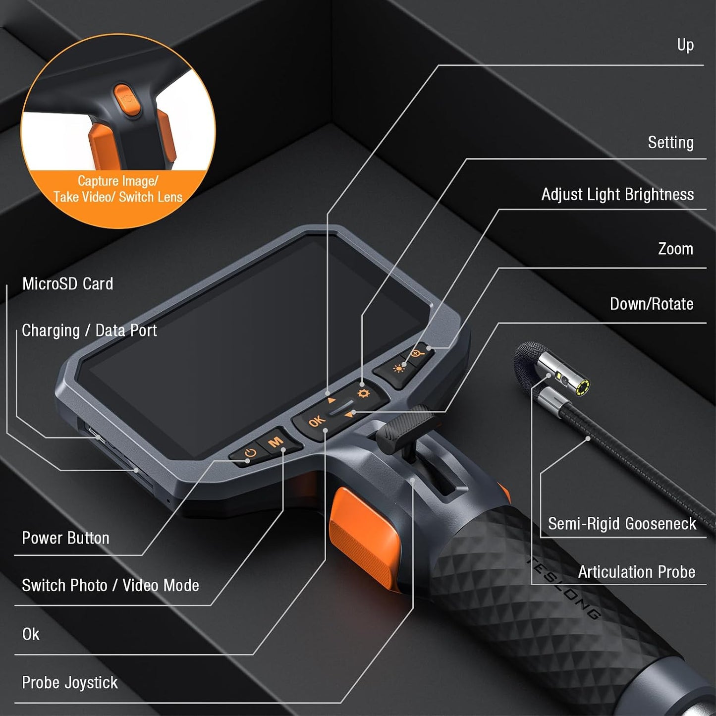 Teslong Articulating Borescope with Dual Lens Endoscope and 8+1 LED Lights | Mechanic Automotive HVAC Wall Inspection, 1.0MP HD, 4.5" IPS Screen, 32GB, IP67, Gooseneck, Carrying Case