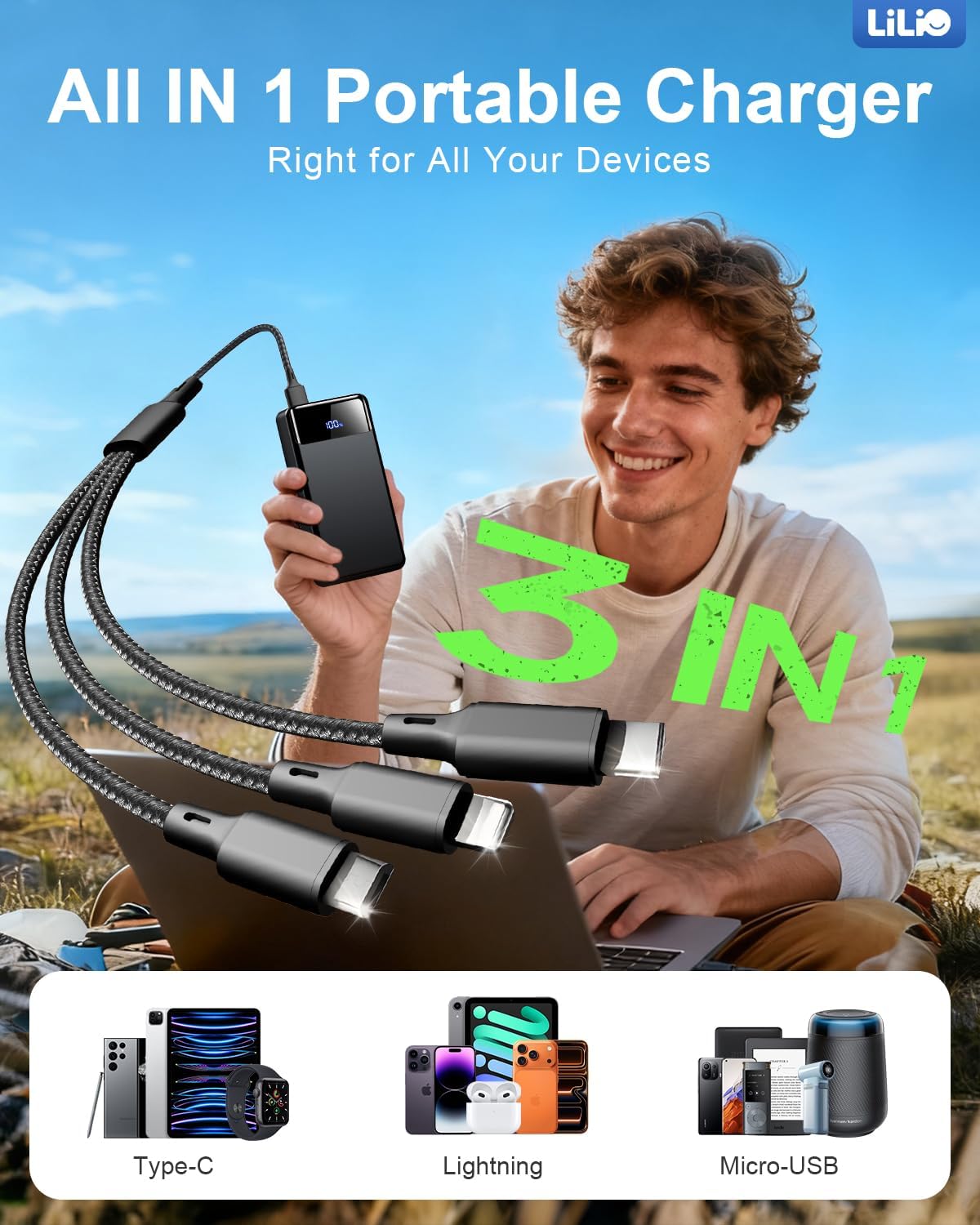 LILIO 60000mAh Portable Charger, 22.5W Fast Charging with 3 in 1 Cable | Charges 5 Devices, LED Display, Fits Camping, Road Trips, Hiking, Emergencies, for iPhone 17-12/Samsung/Android/iPad
