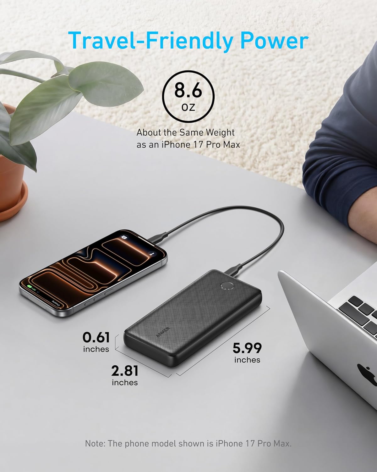 Anker Power Bank, 10,000mAh Portable Charger, PowerIQ USB-C Battery Pack | 5V / 3A High-Speed Charging, for iPhone, iPad, and More, Ultra-Compact Travel-Ready Design (Black)