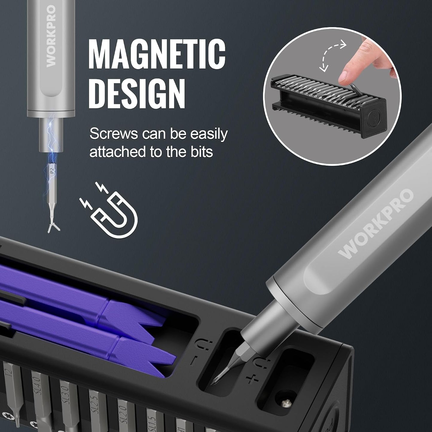 WORKPRO 42-in-1 Mini Electric Screwdriver, Precision Screwdriver Set | 36 S2 Steel Bits & 2 Pry Bars, 3.7V Type-C Rechargeable, Magnetic Storage, Repair Tool for Electronics Phone Camera & Laptop