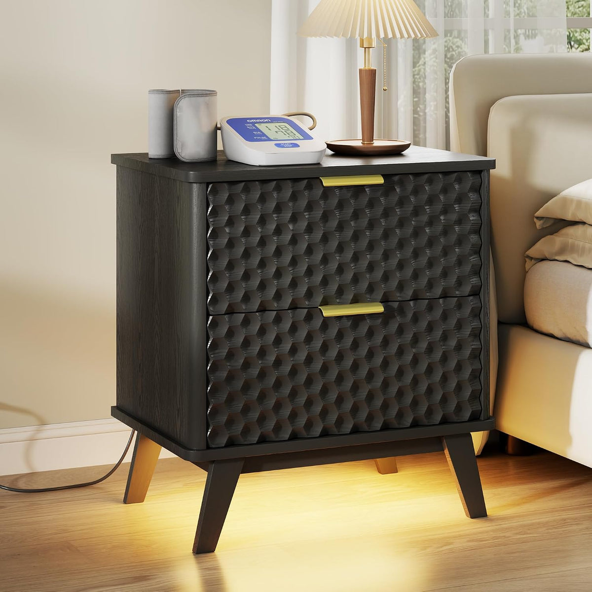 LVSOMT Smart Nightstand with Charging Station and LED Lights