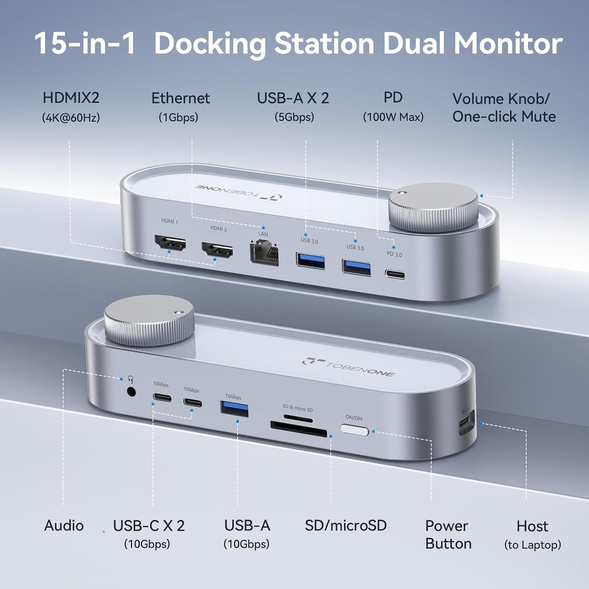 TobenONE USB C Laptop Docking Station Dual Monitor, 100W PD, 5×USB 10Gbps