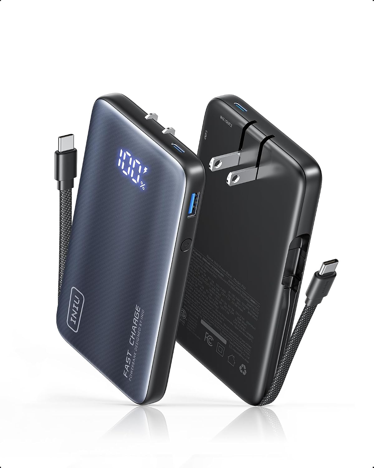 INIU 45W Fast Charging Portable Charger, 10000mAh with Built in Wall Plug | Slimmest, Built-in Wall Plug, USB-C Cable, GaN, Flight-Safe, 3 in 1 Power Bank for iPhone 17, Samsung, iPad etc