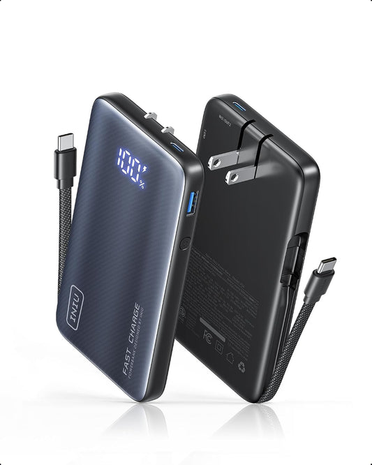 INIU 45W Fast Charging Portable Charger, 10000mAh with Built in Wall Plug | Slimmest, Built-in Wall Plug, USB-C Cable, GaN, Flight-Safe, 3 in 1 Power Bank for iPhone 17, Samsung, iPad etc