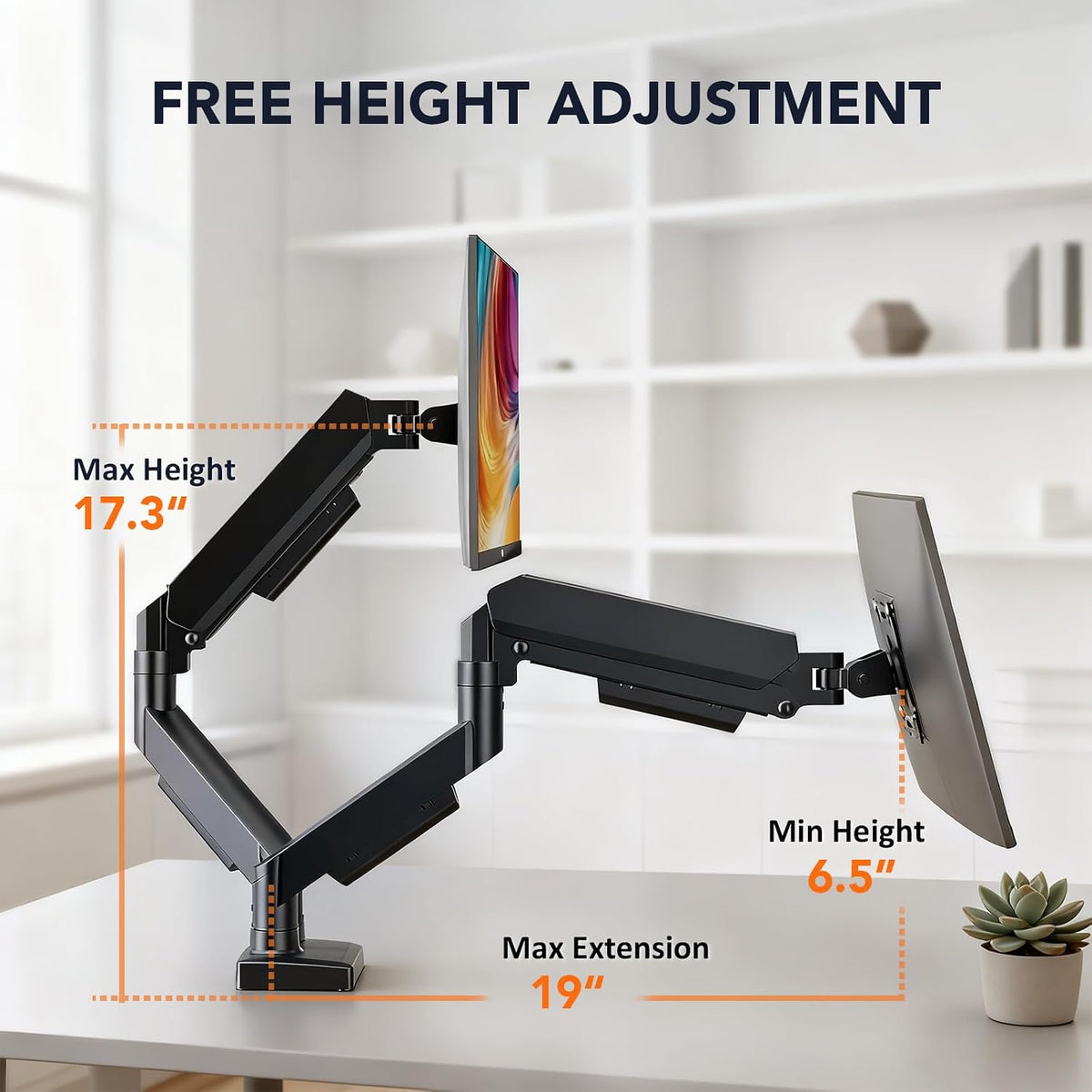 Dual Monitor Stand Adjustable Monitor Desk Mount for 17″–32″ Computer Screens, Full Motion VESA Pattern 75x75/100x100 with C-Clamp & Grommet Aluminum Base, Each Arm Holds 4.4 to 20 lbs HD09B-201