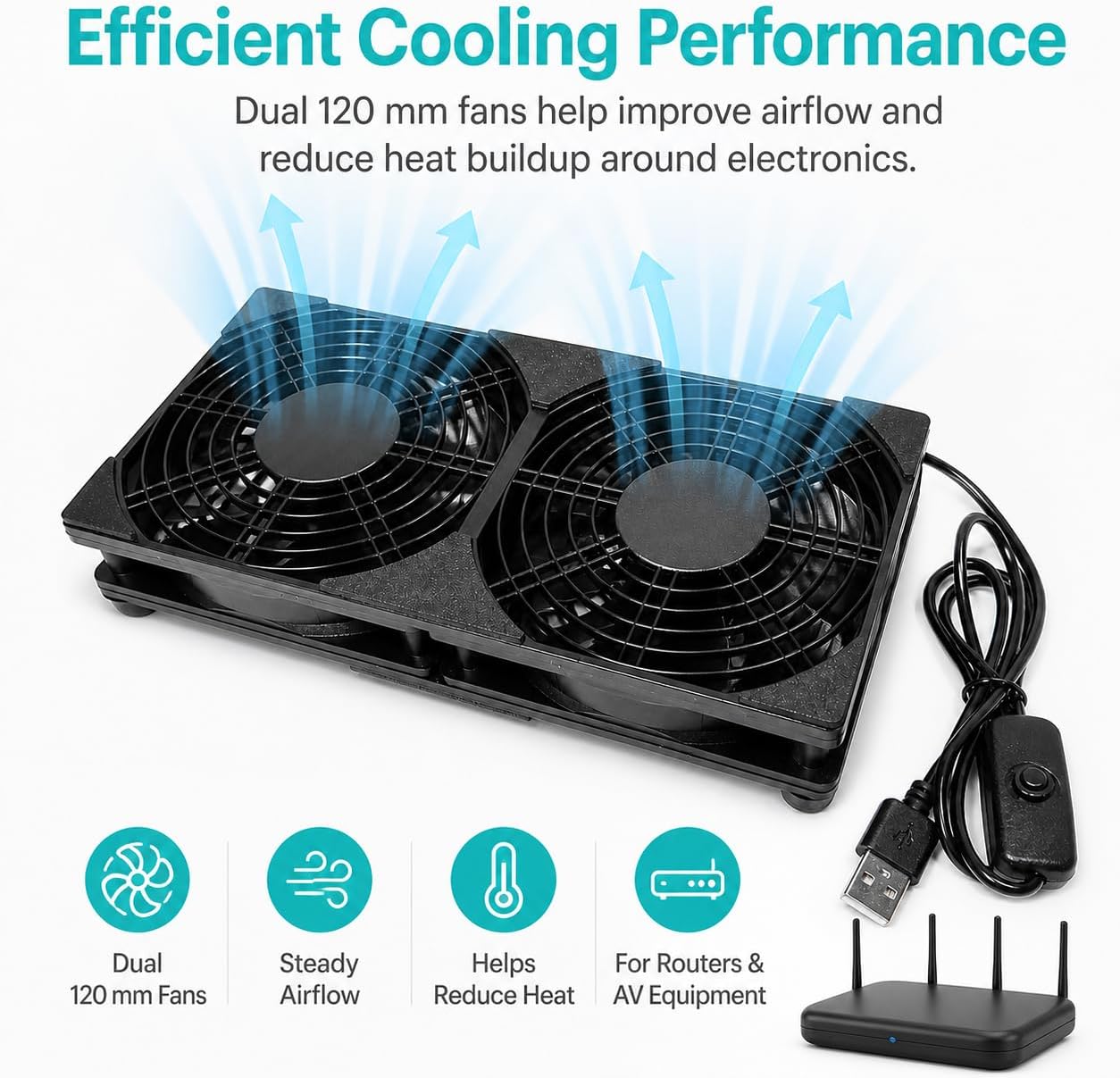 240mm Dual USB Cooling Fan, 2 x 120mm 5V USB Powered Cooling Fans with Inline On/Off Switch, Quiet Fan for Router, TV Box, Receiver, DVR, Laptop, AV Cabinet and Electronics
