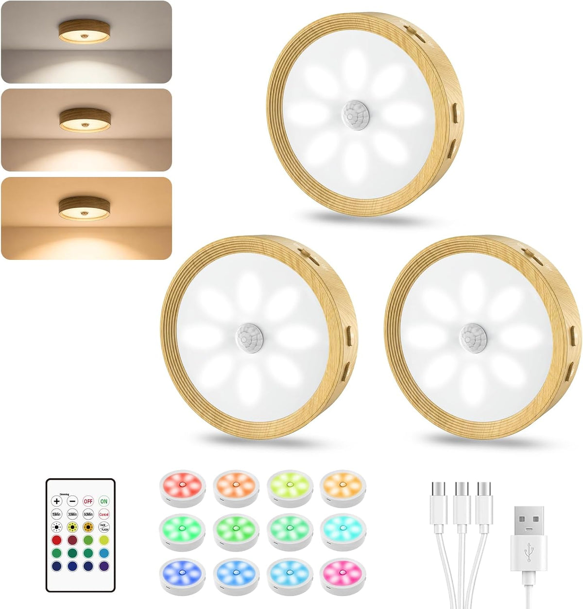 3-Pack Under Counter Lights for Kitchen Shelf Lights Stick On Lights Wood