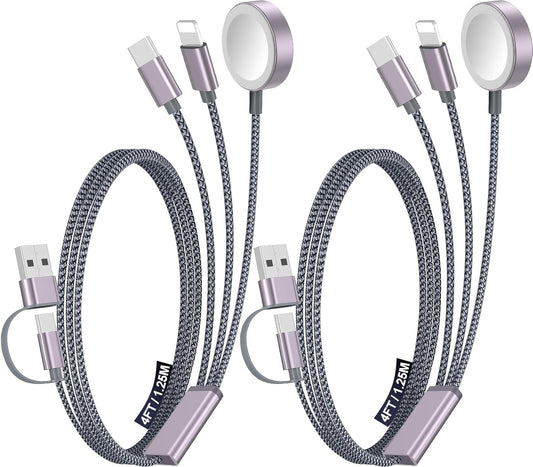 2Pack Travel Essentials for Apple Watch Charger,3-in-2 Multi Charging Cable | Cruise Vacation Camping Essentials for iPhone Charger,Type C/Lightning for iWatch,iPhone 17-12,Xbox Series X&S-4FT Gray