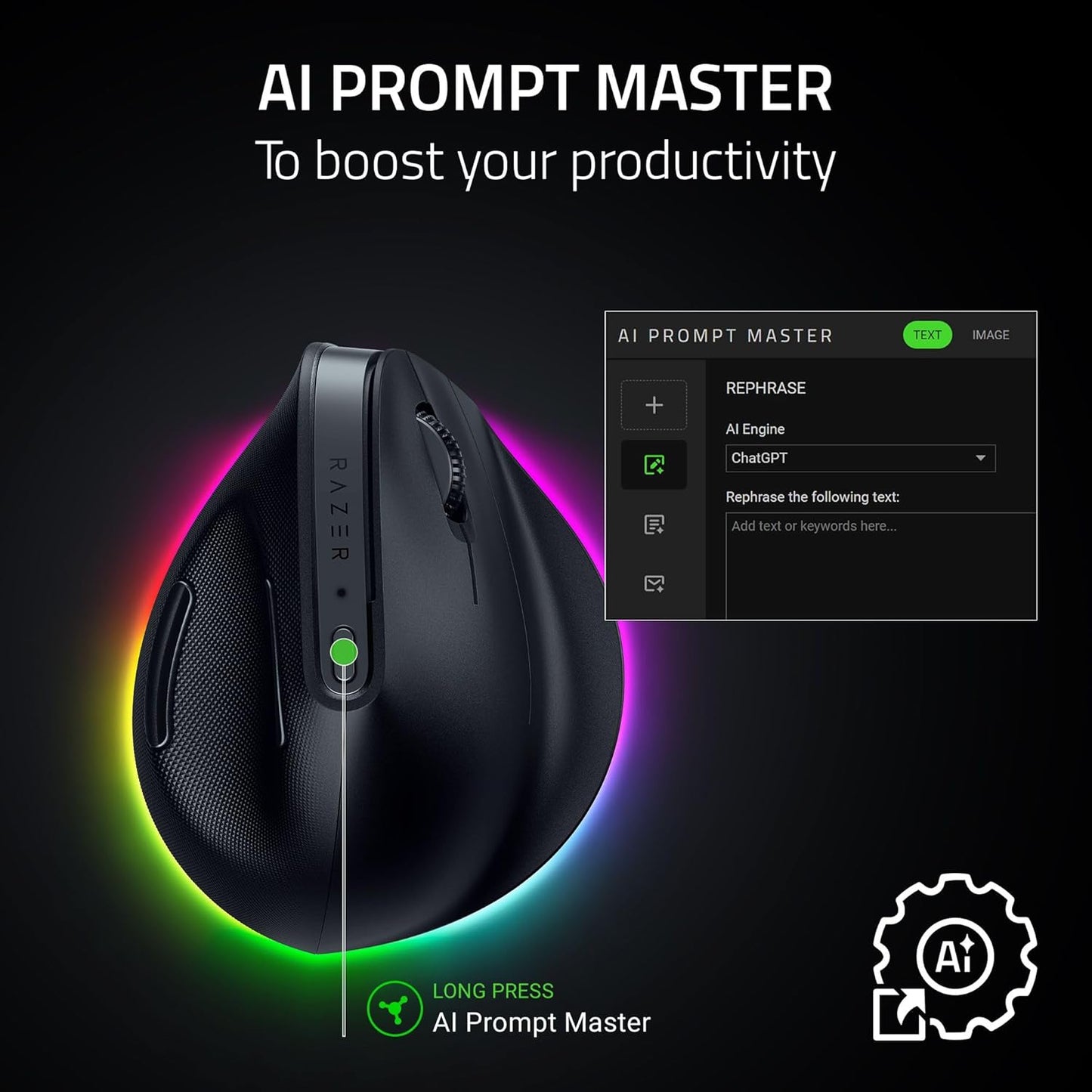 Razer Pro Click V2 Vertical Wireless Mouse, 6 Button Ergonomic Design | One Click AI Prompt, Supports Windows & Mac, Multi Device Connectivity via 2.4GHz, Bluetooth, or USB C Wired Mode, Chroma RGB