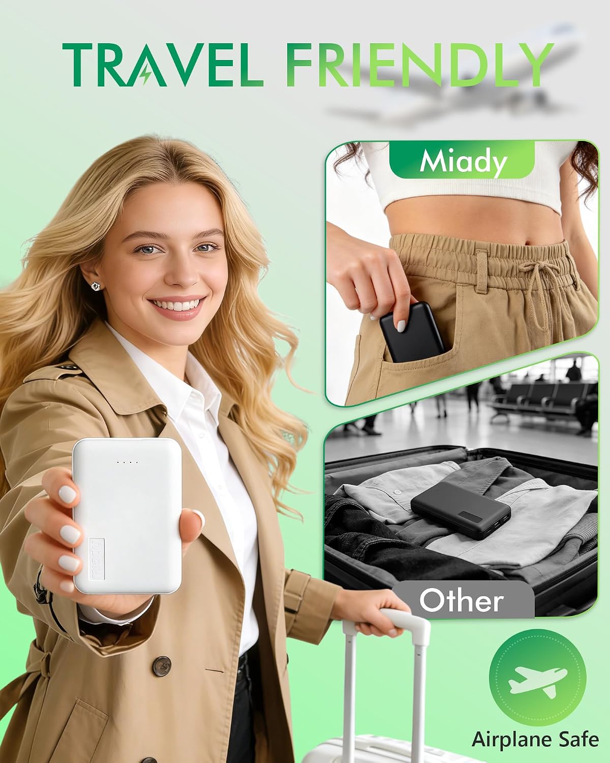 Miady 2-Pack Small Portable Charger 5000mAh Power Bank Travel Battery Pack | Dual USB丨Lightweight丨2 Outputs丨for Backpack丨Compatible with iPhone Galaxy Android etc丨Flight-Safe丨18.5Wh丨Black+White
