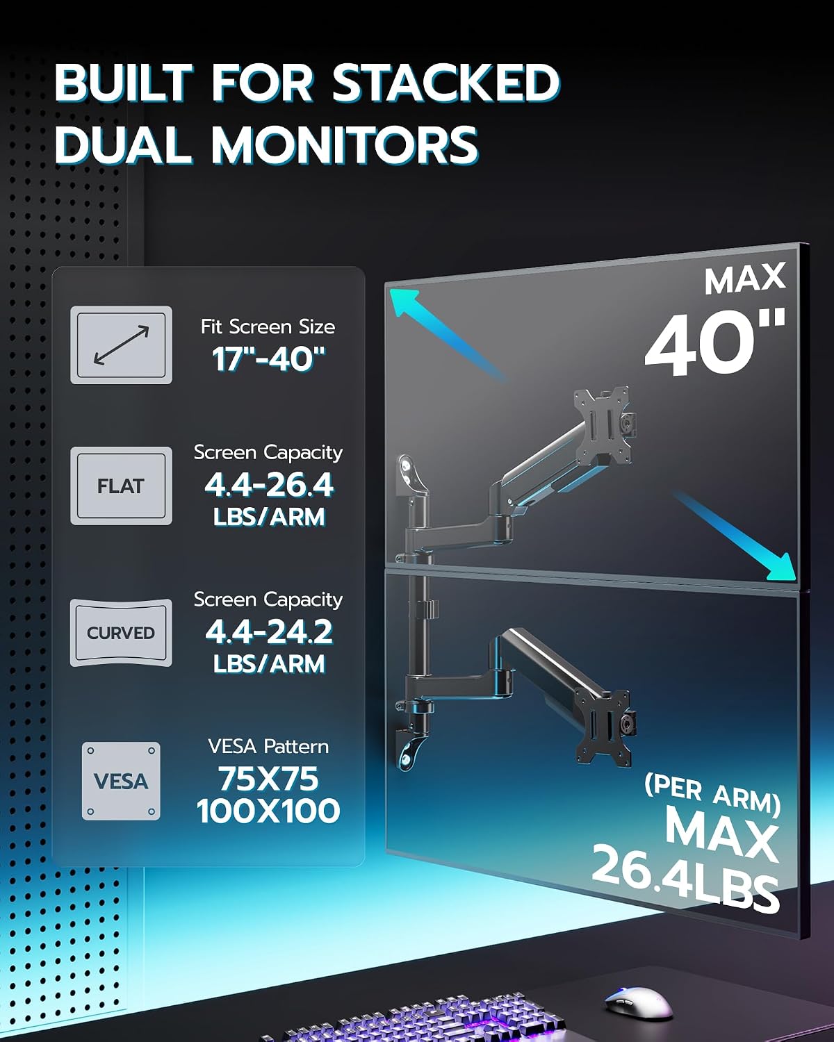 ARES WING 17-40 Inch Ultrawide Vertical Dual Monitor Wall Mount, Black