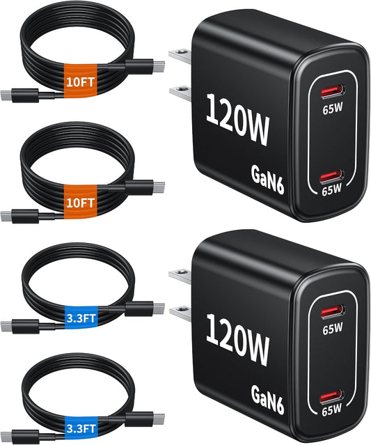 120W Fast Charger USB C - 2 Pack 65W PD Dual Port GaN Type C Charging Block | 3.3/3.3/10/10FT USB C Cable for MacBook Air Pro iPhone 17/16/15 Series Samsung Galaxy S25/S24/S23 Ultra Home Office Travel