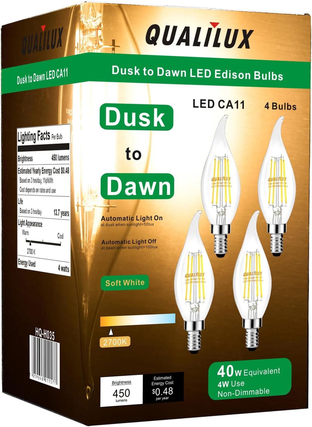 Qualilux Dusk to Dawn Candelabra Bulbs Outdoor, CA11 Vintage, Candle Flame Tip Full Glass, Non-Plastic, Soft White 2700K, 4W=40W, 450LM LED Light Sensing Auto On/Off Bulb, E12 Base, 4-Pack, HQ-H035