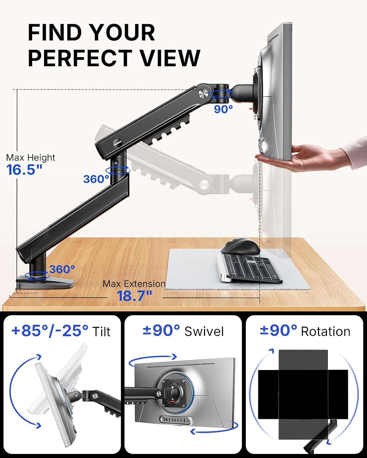 HUANUO FlowLift™ Pro Monitor Arm for 13–32" Screens, MechaSpring Monitor Mount, Fully-Adjustable Monitor Stand with Tilt/Swivel/Rotation, Tool-Free VESA Mount, C-Clamp/Grommet Base, Max Load 19.8 lbs