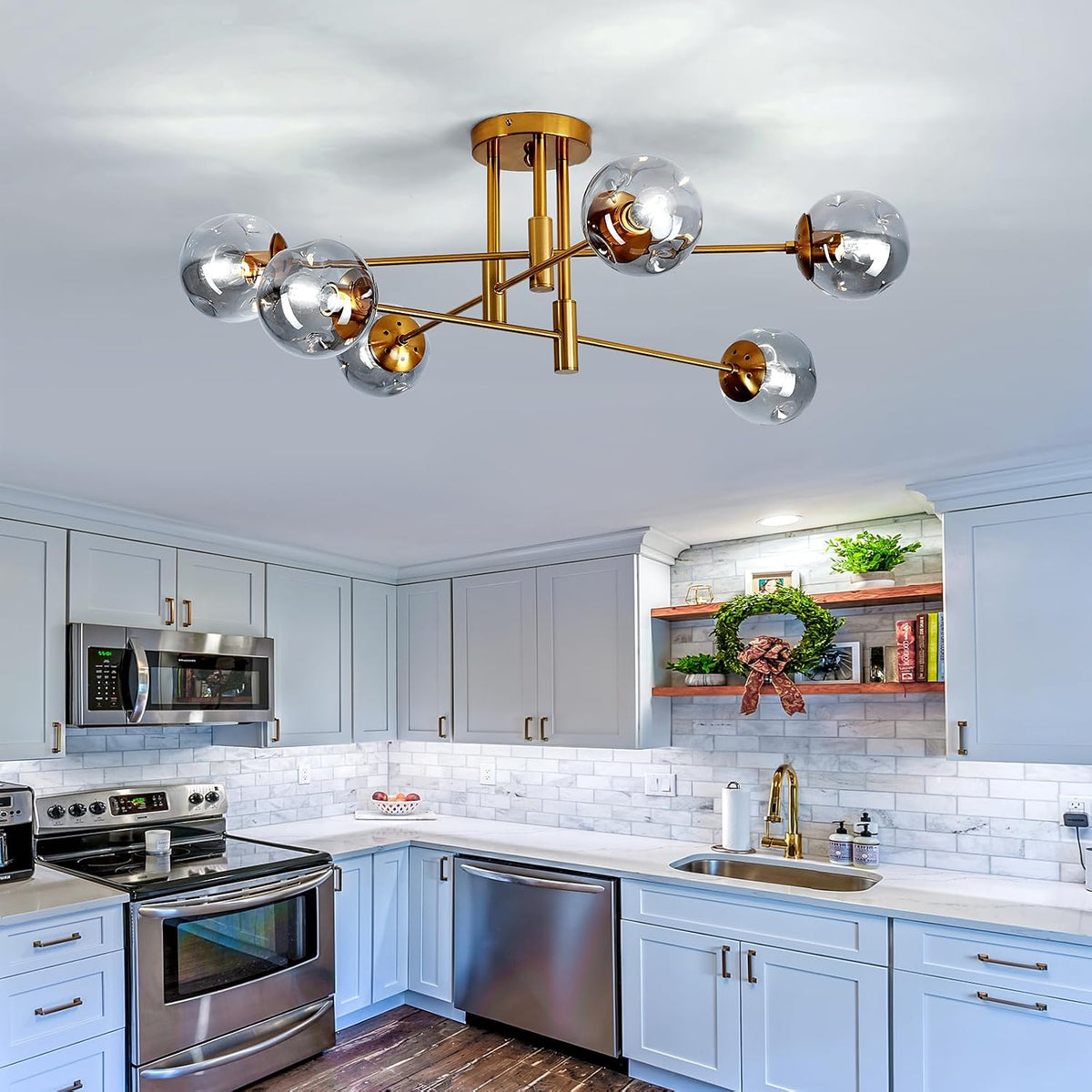 6-Lights Glass Globe Chandelier Modern Flush Mount Ceiling Light Fixture Gold Farmhouse Lighting for Dining Room Living Room Bedroom Kitchen Passageway.