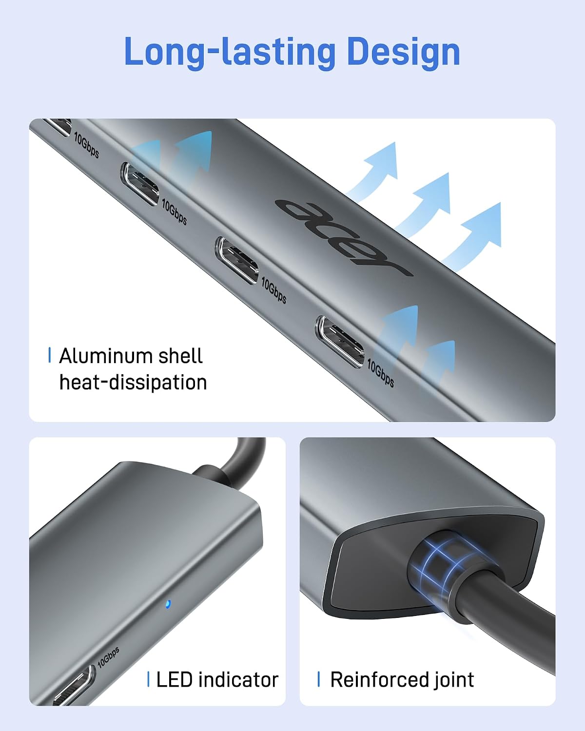 Acer USB C Hub, 10Gbps Type C Splitter with 4 USBC 3.2 Port for Laptop
