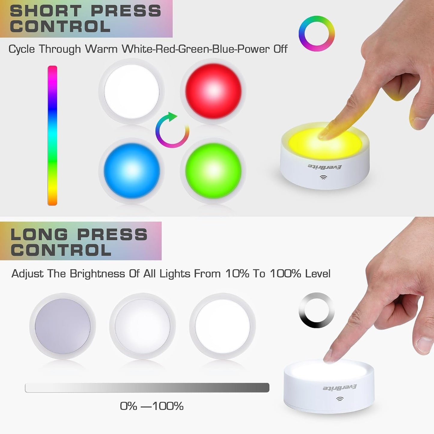 EverBrite Puck Lights with Remote, RGB 13 Color Changing Lights with Dimmer | Under Cabinet Lights, Dimmable Closet Lights with Timer, AA Battery Included, Push, Touch, Stick on for Night, 6-Pack