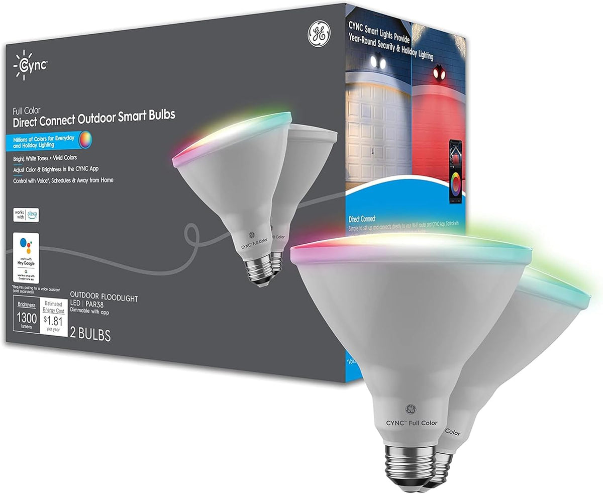 GE CYNC Smart LED Light Bulb, PAR38 Flood Light Outdoor, Works with Amazon Alexa and Google Home, WiFi Light, Color Changing Light Bulb, 90W Equivalent, (Pack of 2)